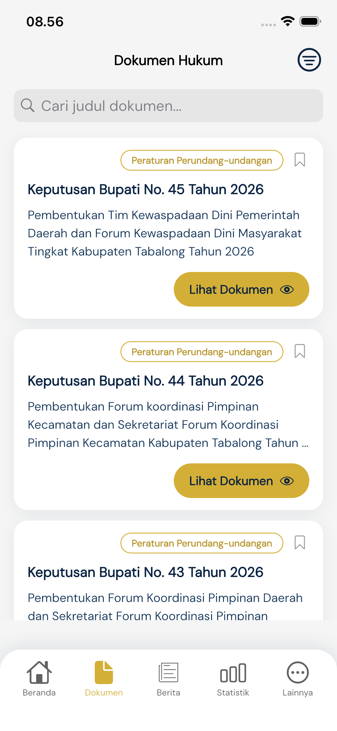 Daftar Dokumen Hukum dengan tombol bookmark dan Lihat Dokumen