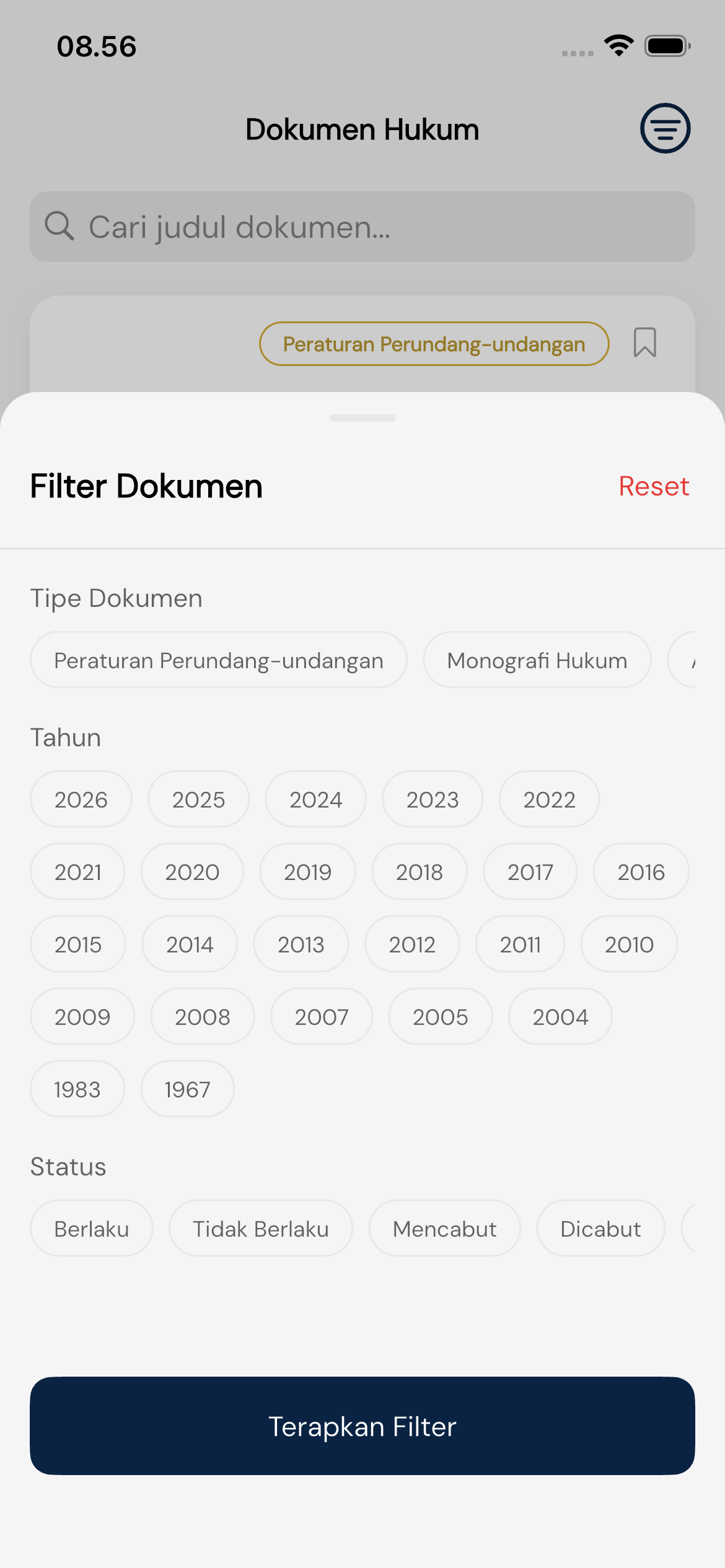 Modal Filter Dokumen dengan pilihan tipe, tahun, dan status