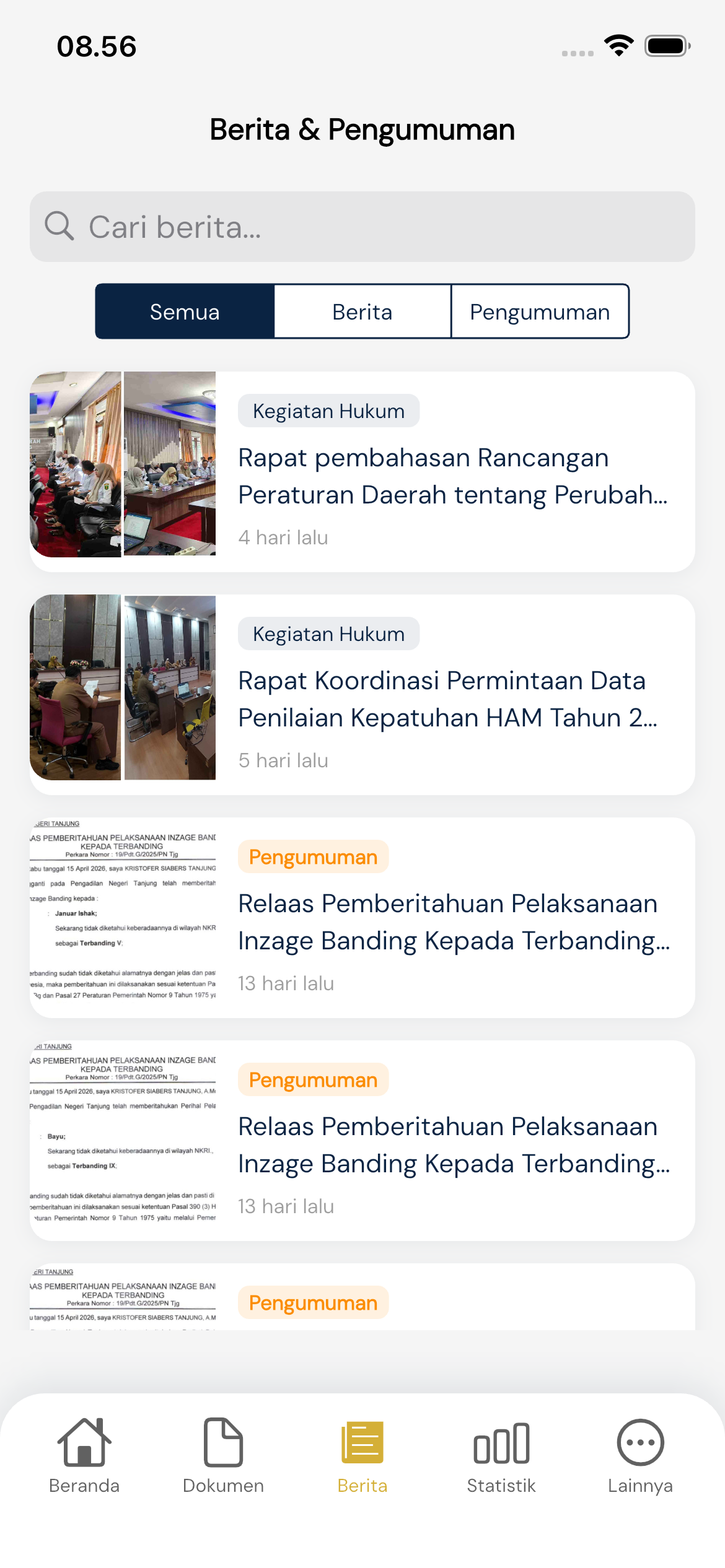 Halaman Berita & Pengumuman dengan tab dan kolom pencarian
