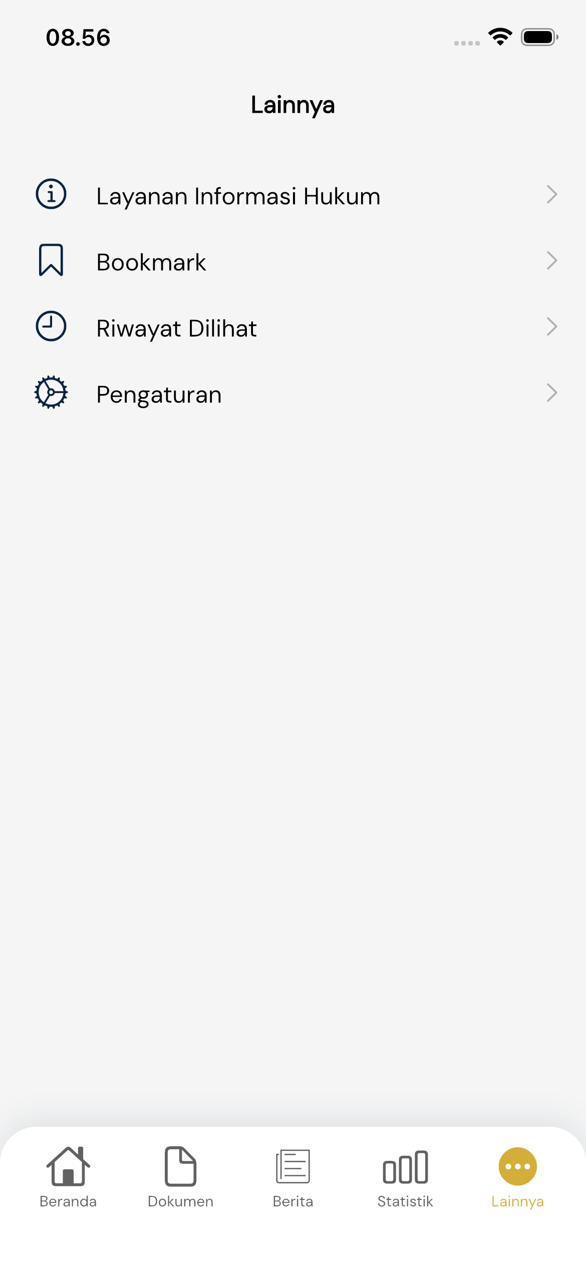 Menu Lainnya dengan akses ke Layanan Informasi Hukum, Bookmark, Riwayat Dilihat, dan Pengaturan